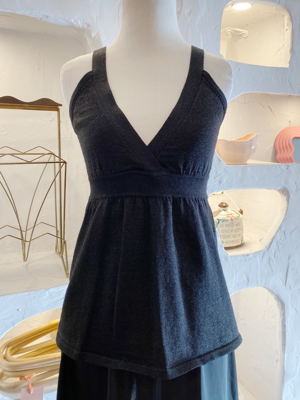 Y2K Vintage Silver Sparkly Babydoll V-Neck Knit Tank Top with Empire Waist
